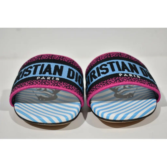 Christian Dior Dway D Jungle Blue Black Embroidered Logo Slide Flat Sandal 36 - Picture 6 of 12